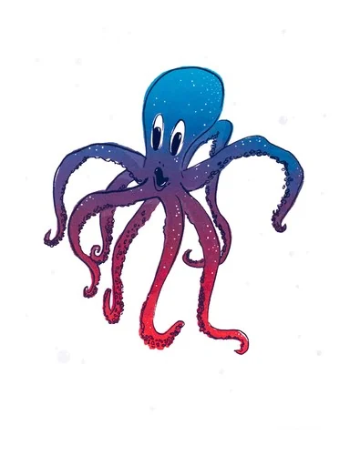 Screenprint of an octopus in blue, purple, and red.