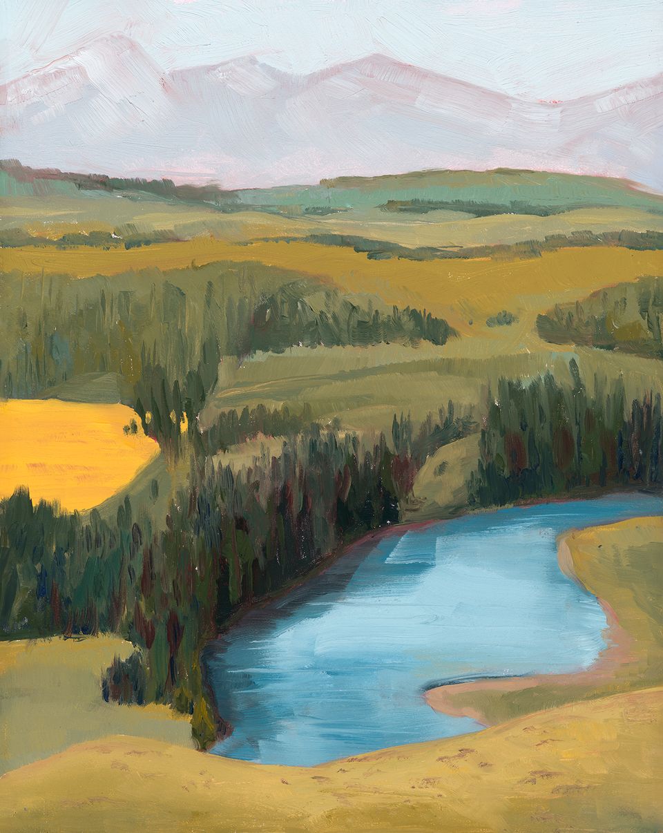 Oil painting of a blue lake among rolling golden hills and forests.
