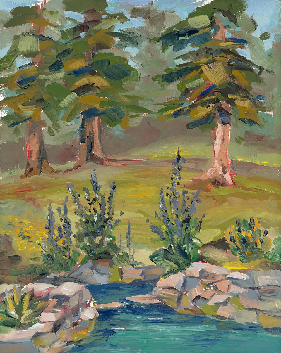Oil painting of a rocky forest stream surrounded by green and golden foliage.