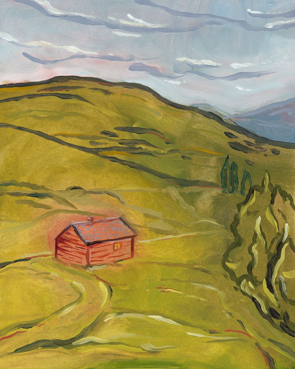 Oil painting of a red cabin in rolling green and golden hills.