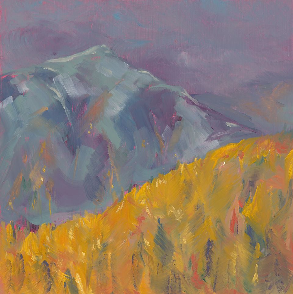 Oil painting of golden trees on a mountainside beneath a purple sky.