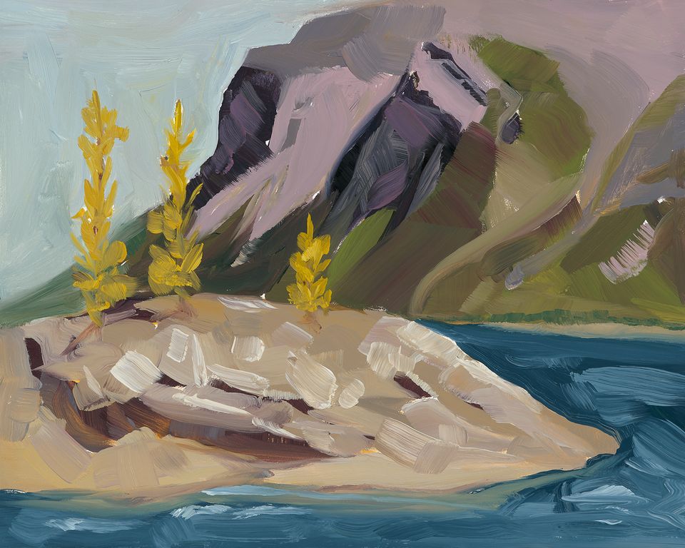 Oil painting of a rocky lakeshore with golden trees beneath a steep cliff.
