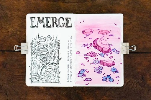 Open sketchbook with botanical lettering and colourful mixed media studies.