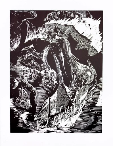 Black and white linocut of a figure in a mountainous landscape beneath a watchful eye.