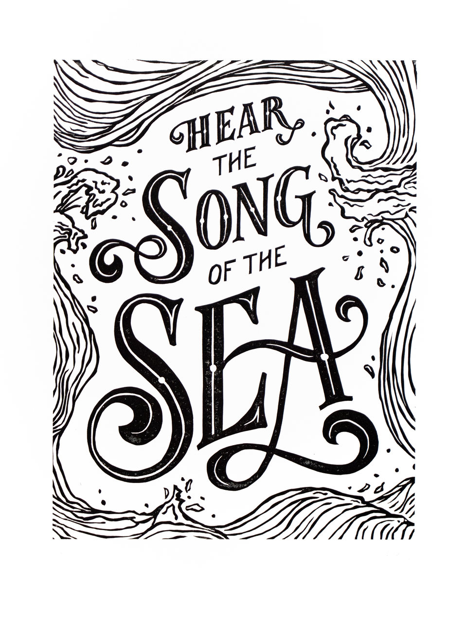 Black and white linocut with waves, sea creatures, and the words “The Song of the Sea”.